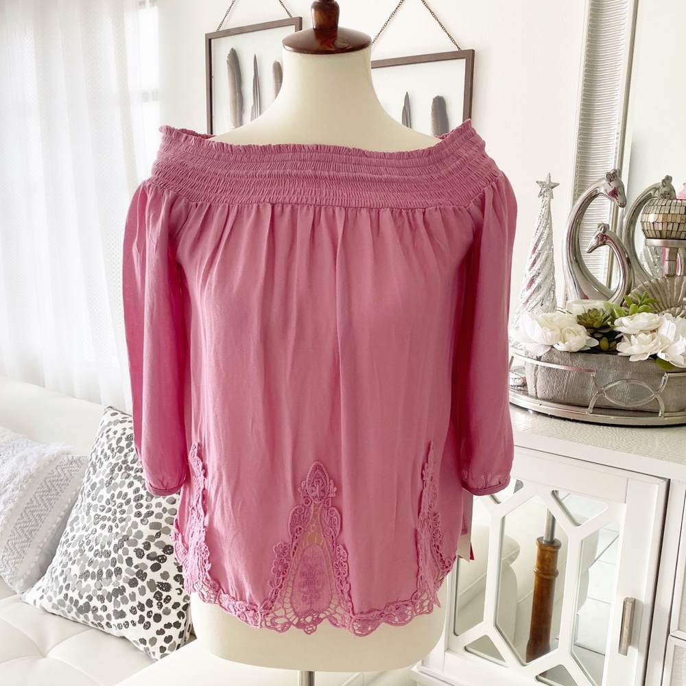 Off The Shoulders Pink Bohemian Floral Lace Top